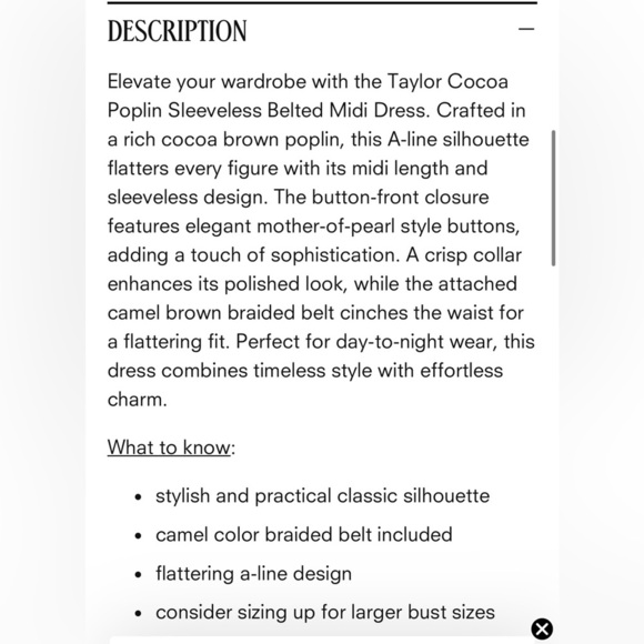 NWOT- Taylor cocoa poplin sleeveless belted midi dress - Picture 10 of 11